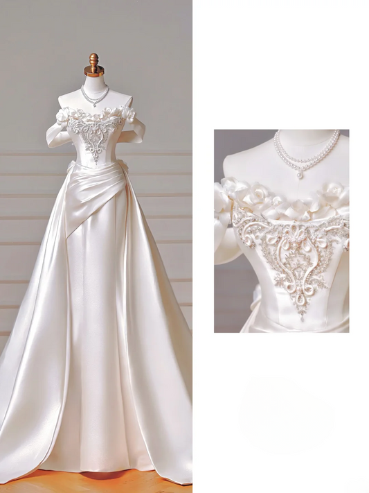 Romantic Long Wedding Dresses Mermaid Off The Shoulder Satin Pleated Wedding Dress Style For Brides Fitted With Sleeves Bridal Gowns AQ015