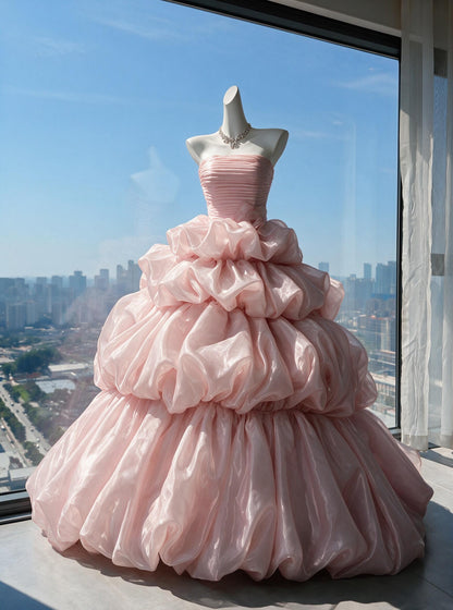 Fairy Quinceanera Dress Ball Gown Strapless Pink Organza With Tiered Layers 15th Birthday Party Outfit RC0975