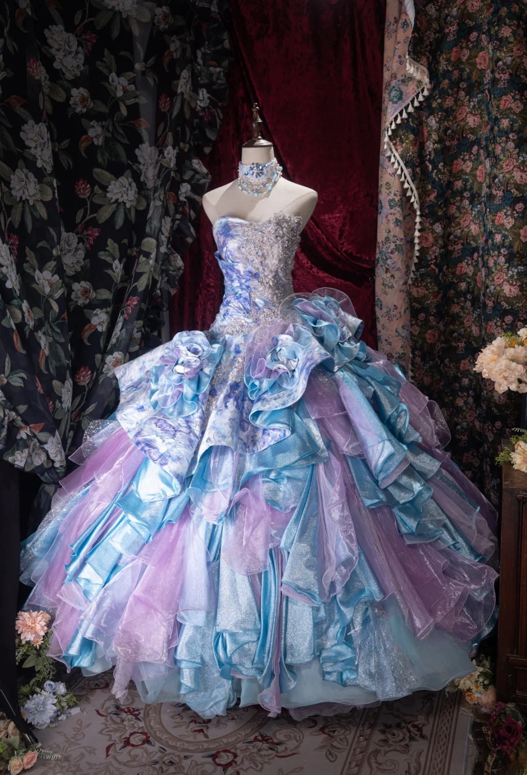 Princesses Fairytale Ball Gown Sweetheart Lilac Blue Tulle With Layers Tiered Long Quince Dress Quinceanera Dresses Formal Birthday Outfits RB8040
