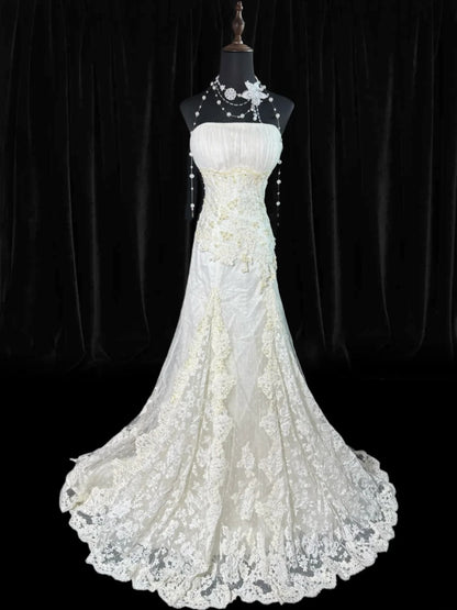 Wedding Dresses Strapless Drop Waist 1950s 1940s Mermaid Strapless Lace Tulle With Appliques White Petite/Plus Size Bridal Gown For Women AS015