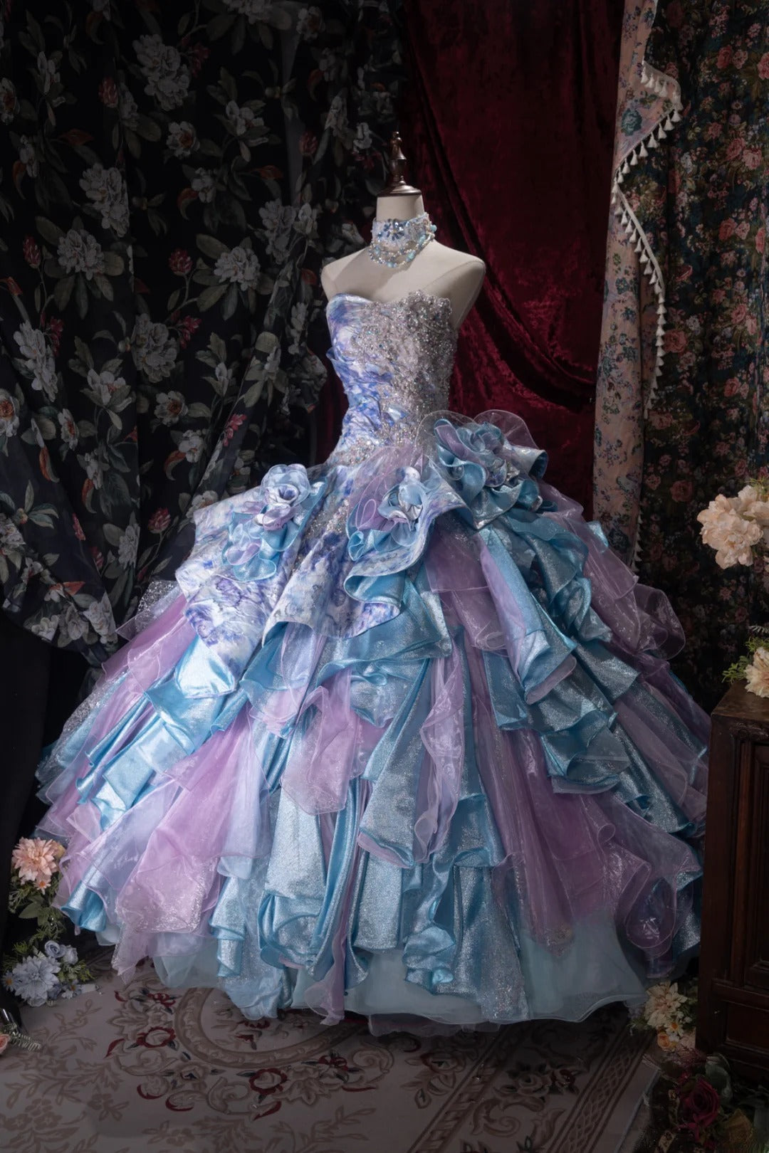 Princesses Fairytale Ball Gown Sweetheart Lilac Blue Tulle With Layers Tiered Long Quince Dress Quinceanera Dresses Formal Birthday Outfits RB8040