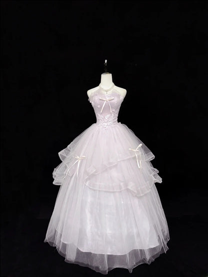 Fairytale Prom Dresses Ball Gown Sweetheart Light Lilac With Appliqued Tulle Evening Long Formal Dress RB7389