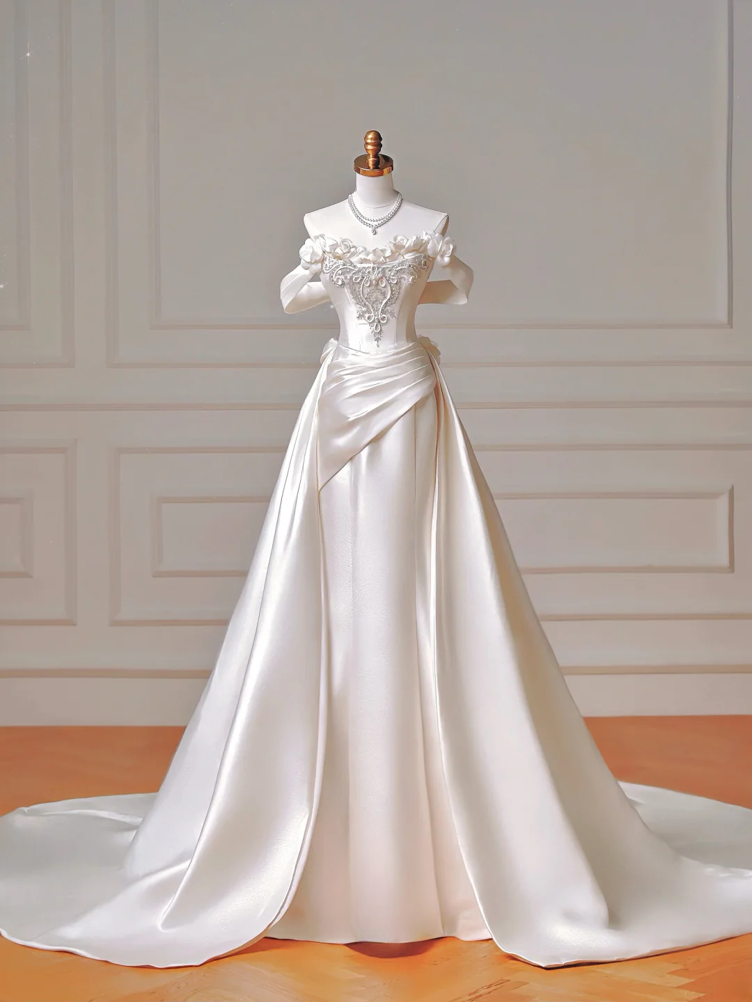 Romantic Long Wedding Dresses Mermaid Off The Shoulder Satin Pleated Wedding Dress Style For Brides Fitted With Sleeves Bridal Gowns AQ015
