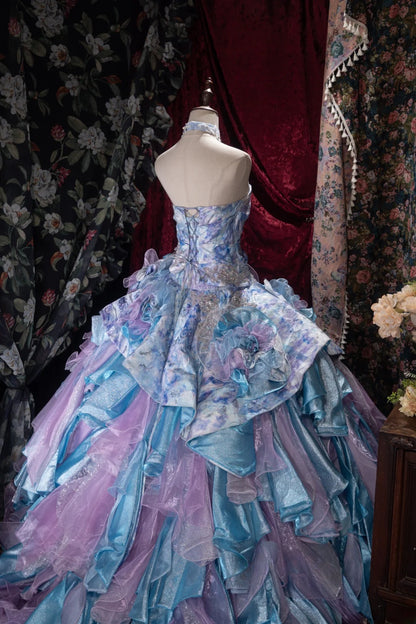 Princesses Fairytale Ball Gown Sweetheart Lilac Blue Tulle With Layers Tiered Long Quince Dress Quinceanera Dresses Formal Birthday Outfits RB8040