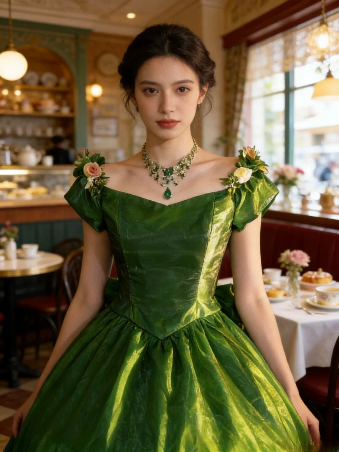 Princess Ball Gown Dark Green With Pink Flowers Long Sweet 16 Dresses Quinceanera Dress RB3357