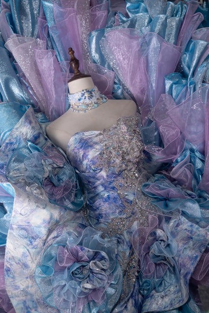 Princesses Fairytale Ball Gown Sweetheart Lilac Blue Tulle With Layers Tiered Long Quince Dress Quinceanera Dresses Formal Birthday Outfits RB8040