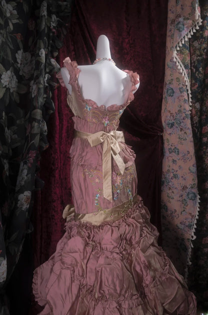 Elegant Mermaid Square Neck Pink With Tiered Long Prom Dresses Formal Outfit Evening Night Dress RB8041