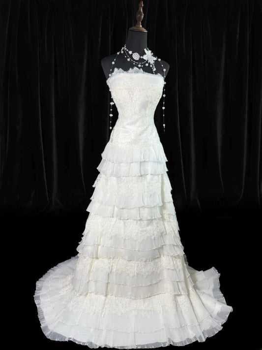 Vintage Wedding Gowns 1960s Dresses Simple A Line Strapless for Bride With Buttons Train White Petite/Plus Size Bridal Gown AS016