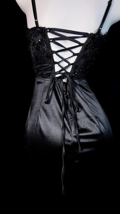 Black Prom Dress Mermaid Spaghetti Straps Satin Slit Modest Floor Length Formal Party Gown RB9822