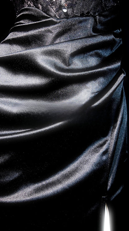 Black Prom Dress Mermaid Spaghetti Straps Satin Slit Modest Floor Length Formal Party Gown RB9822