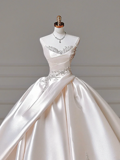 Princess Long Wedding Gowns Ball Gown Sweetheart Pleated Satin for Bride With Beads White Bridal Dress AQ016