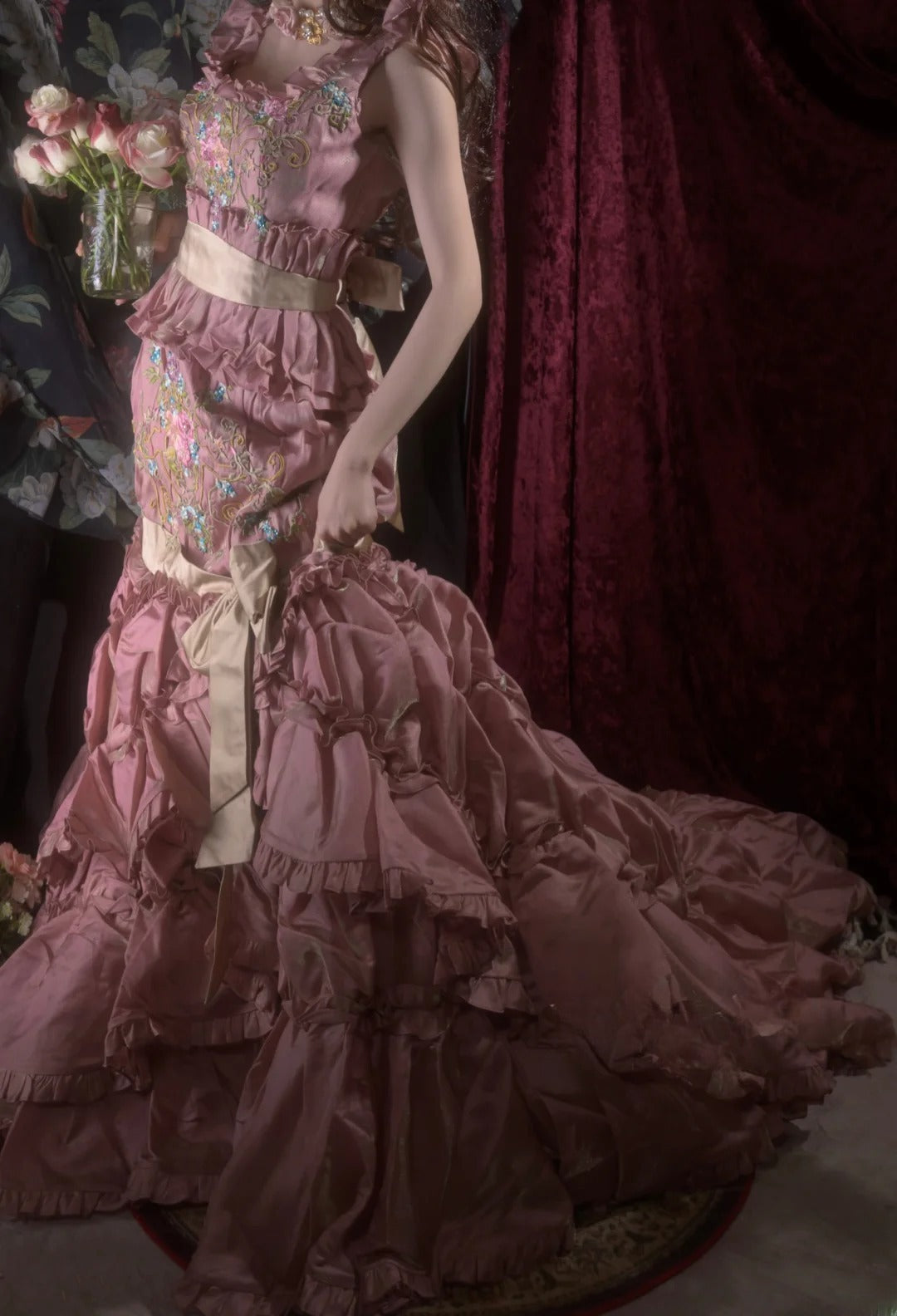 Elegant Mermaid Square Neck Pink With Tiered Long Prom Dresses Formal Outfit Evening Night Dress RB8041