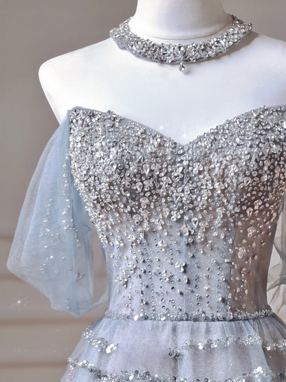 Modest Prom Dresses Aesthetic Ball Gown Off The Shoulder Light Blue Tulle Inspiration Impress Long Party Formal Gown For Teenagers High Schools Girls AQ017