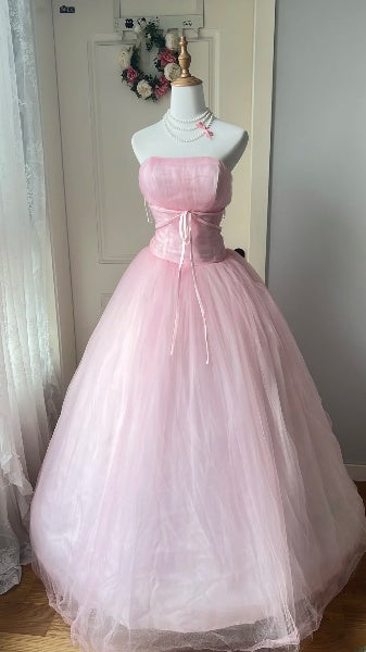 Sweet 16 Dresses Long Strapless Pink Tulle Floor Length Ball Gown Sweet Sixteen Birthday Gown RC0387