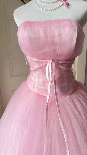 Sweet 16 Dresses Long Strapless Pink Tulle Floor Length Ball Gown Sweet Sixteen Birthday Gown RC0387