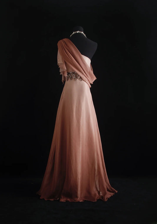 Vintage Prom Dresses 90s Formal A line One Shoulder Pink Chiffon Long Party Gowns Prom Dresses AS017