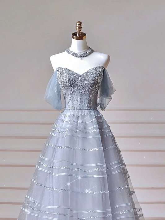 Modest Prom Dresses Aesthetic Ball Gown Off The Shoulder Light Blue Tulle Inspiration Impress Long Party Formal Gown For Teenagers High Schools Girls AQ017