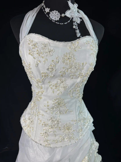 Wedding Dresses Strapless Drop Waist 1950s 1940s 2 Pieces Ball Gown Halter Tulle With Appliques White Petite/Plus Size Bridal Gown For Women AS017
