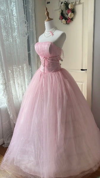Sweet 16 Dresses Long Strapless Pink Tulle Floor Length Ball Gown Sweet Sixteen Birthday Gown RC0387