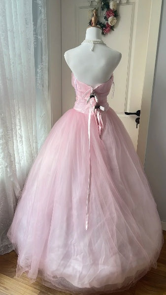 Sweet 16 Dresses Long Strapless Pink Tulle Floor Length Ball Gown Sweet Sixteen Birthday Gown RC0387