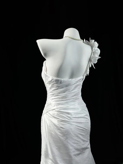 Refined Prom Dresses Mermaid One Shoulder White Taffeta With Beading Evening Dress Formal Outfits RB5827