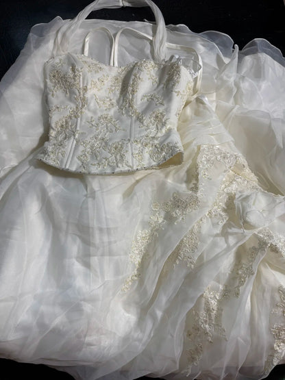 Wedding Dresses Strapless Drop Waist 1950s 1940s 2 Pieces Ball Gown Halter Tulle With Appliques White Petite/Plus Size Bridal Gown For Women AS017