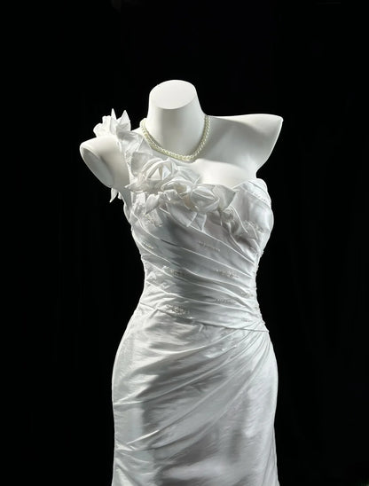 Refined Prom Dresses Mermaid One Shoulder White Taffeta With Beading Evening Dress Formal Outfits RB5827