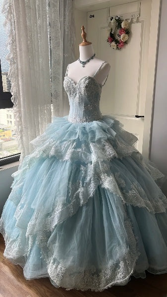 Sweet 15 Quinceanera Dress Ball Gown Spaghetti Straps Blue With Tiered Layers Long 15th Birthday Gown RC0388