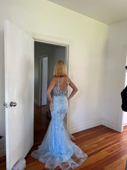 Modest Mermaid Spaghetti Strap Light Sky Blue Tulle Corset Back Evening Dresses High School Teens Senior Night Dance Prom Outfits AS018