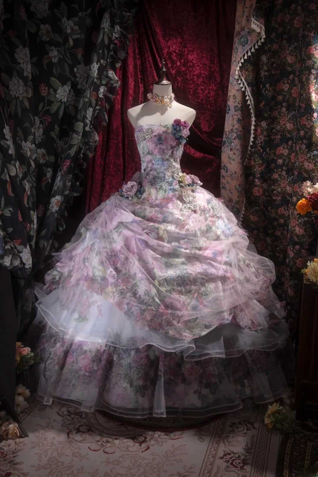 Princesses Fairytale Ball Gown Strapless Lilac Floral Tulle With 3D Flowers Long Quince Dress Quinceanera Dresses Formal Birthday Outfits RB8043