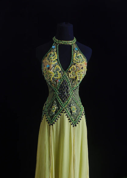 Vintage Prom Dresses 90s Formal A line High Neck Green Chiffon With Beadings Long Party Gowns Prom Dresses AS018