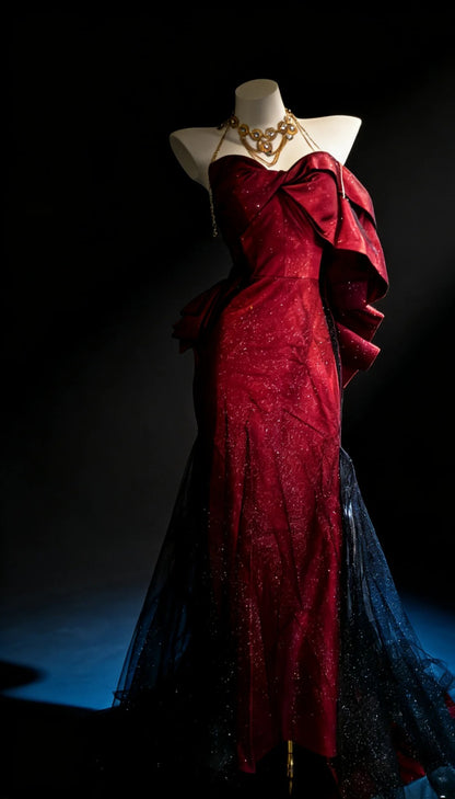 Unique Mermaid Sweetheart Burgundy Satin With Black Tulle Bodice For Women Long Prom Dress 20th Birthday Gowns AS018
