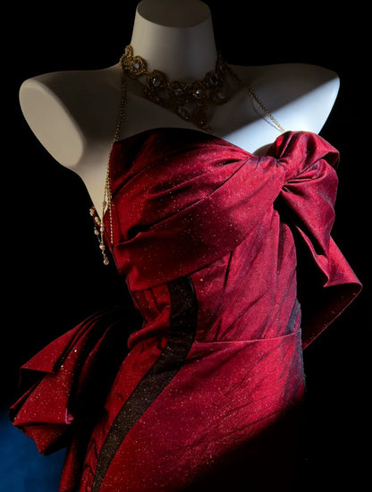 Unique Mermaid Sweetheart Burgundy Satin With Black Tulle Bodice For Women Long Prom Dress 20th Birthday Gowns AS018