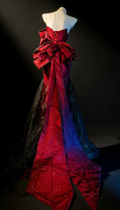 Unique Mermaid Sweetheart Burgundy Satin With Black Tulle Bodice For Women Long Prom Dress 20th Birthday Gowns AS018