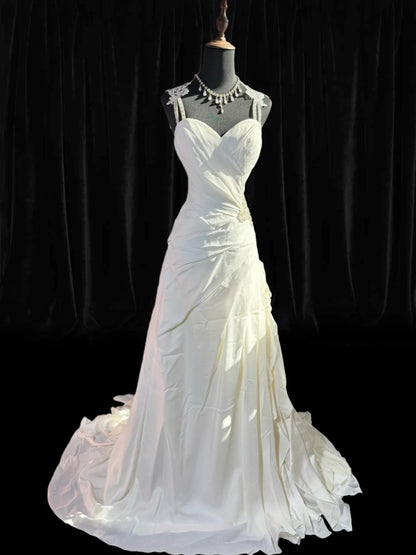 Ethereal Wedding Gowns Brides Dresses A line Spaghetti Strap for Bride Satin White Petite/Plus Size Bridal Gown With Beads For Women AS018