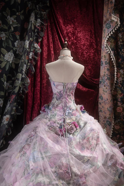 Princesses Fairytale Ball Gown Strapless Lilac Floral Tulle With 3D Flowers Long Quince Dress Quinceanera Dresses Formal Birthday Outfits RB8043