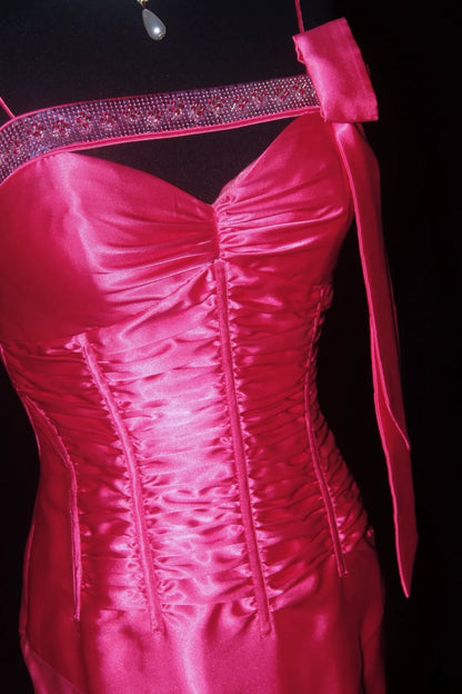 Vintage Prom Dresses 90s Formal Mermaid Spaghetti Straps Hot Pink Satin With Beadings Long Party Gowns Prom Dresses AS019