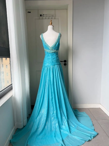 Blue Prom Dress Long Floor Length A Line V Neck With Folded Chiffon Formal Evening Gown For Black Women RC0389