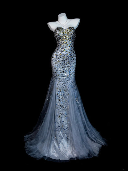 Gray Prom Dress Mermaid Sweetheart Tulle With Gold Beading Modest Floor Length Formal Party Gown RB9824