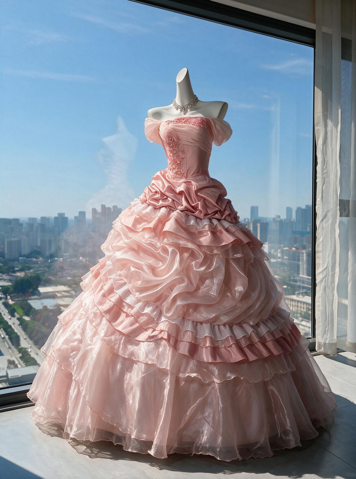 Fairytale Quinceanera Dress Ball Gown Strapless Pink Oragnza With Tiered Layers 15th Birthday Party Outfit RC0979