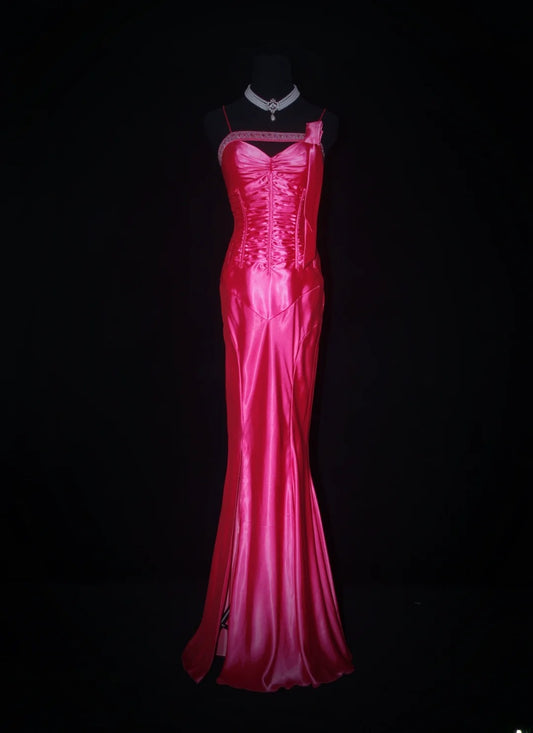 Vintage Prom Dresses 90s Formal Mermaid Spaghetti Straps Hot Pink Satin With Beadings Long Party Gowns Prom Dresses AS019