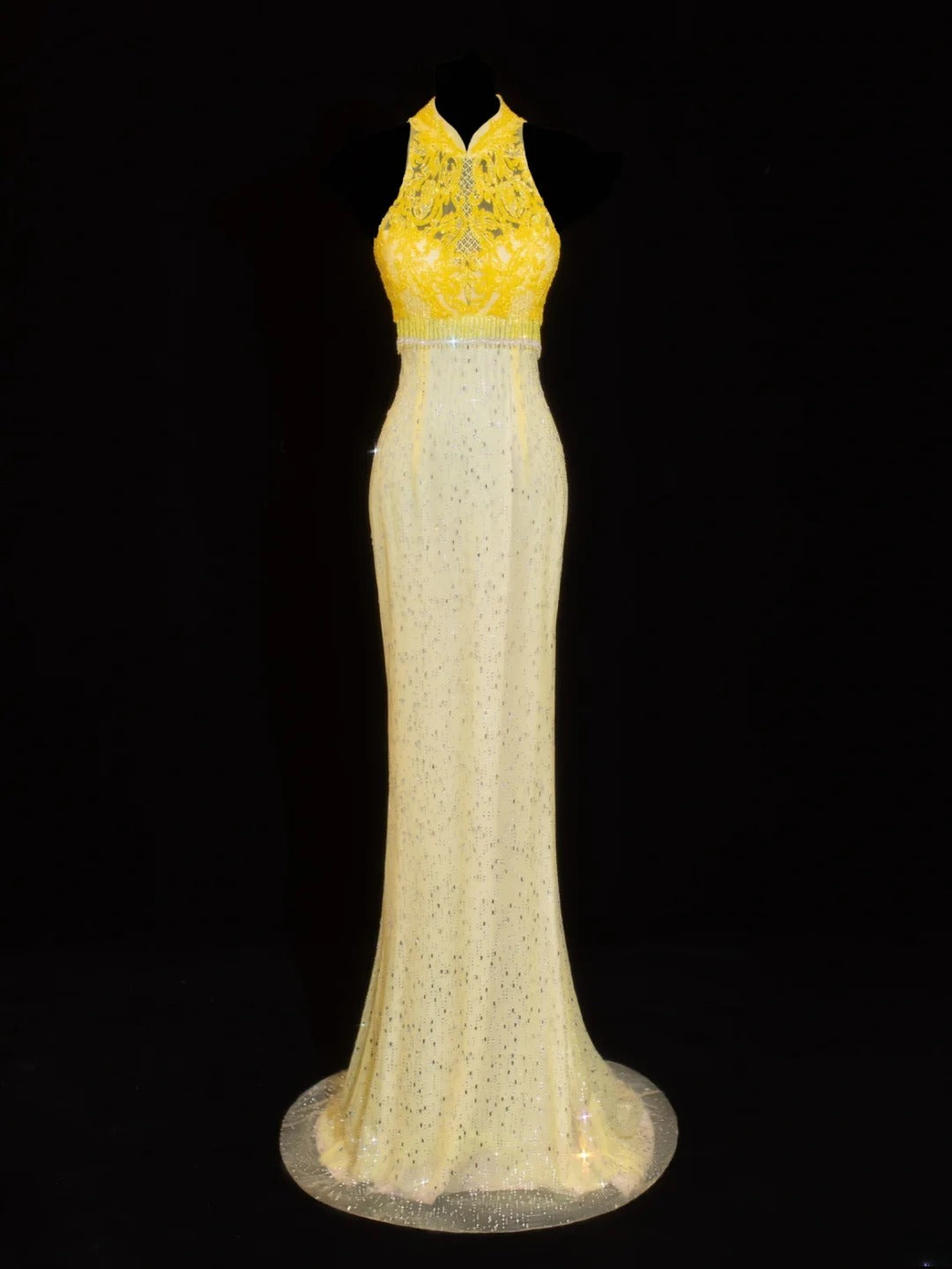 Modest Prom Dress Aesthetic Mermaid High Neck Yellow Lace With Train Style Impress Chiffon Long Prom Dresses Party Formal Gowns SA019