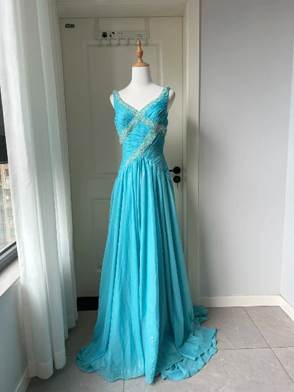 Blue Prom Dress Long Floor Length A Line V Neck With Folded Chiffon Formal Evening Gown For Black Women RC0389