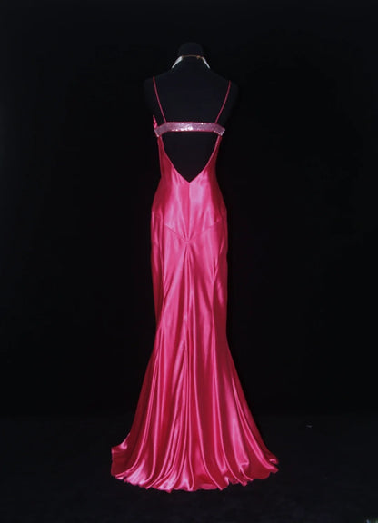 Vintage Prom Dresses 90s Formal Mermaid Spaghetti Straps Hot Pink Satin With Beadings Long Party Gowns Prom Dresses AS019