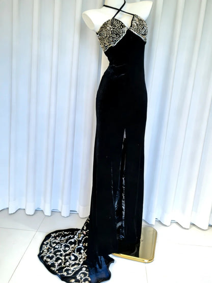 Unique Mermaid Halter Back With Split Side Beaded Bodice For Women Long Prom Dress 20th Birthday Gowns AS019