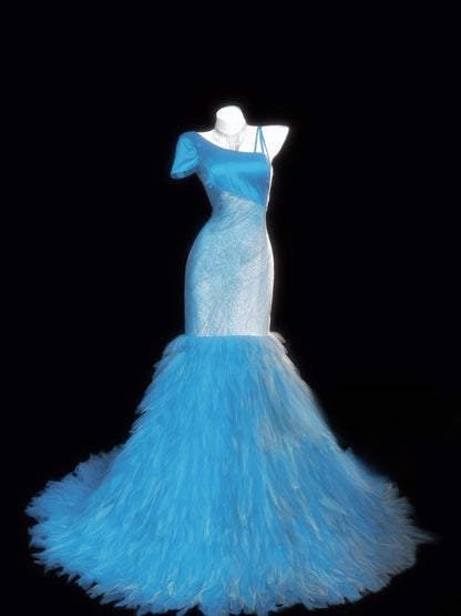 Modest Prom Dresses Mermaid Blue With Ruffles Tulle Long Evening Formal Outfits RB3361