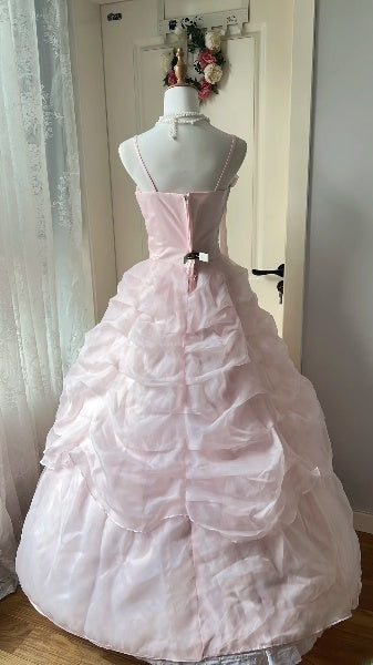 Sweet 15 Quinceanera Dress Ball Gown Spaghetti Straps Pink With Ruffled Fold Long 15th Birthday Gown RC0390