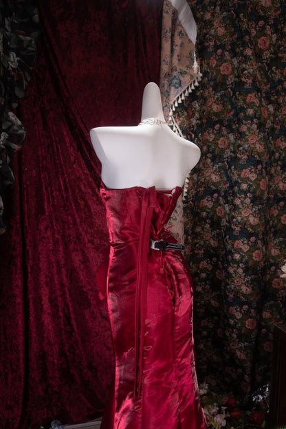Elegant Mermaid Strapless Burgundy With 3D Flowers Long Prom Dresses Formal Outfit Evening Night Dress RB8045