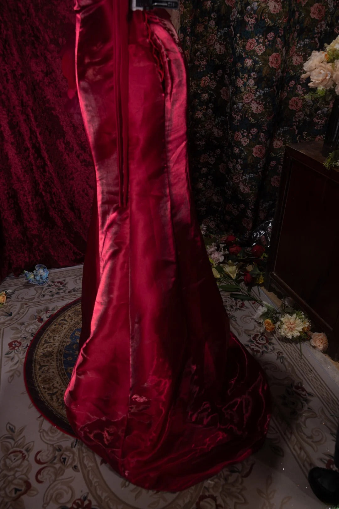 Elegant Mermaid Strapless Burgundy With 3D Flowers Long Prom Dresses Formal Outfit Evening Night Dress RB8045
