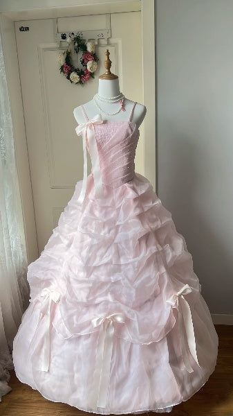 Sweet 15 Quinceanera Dress Ball Gown Spaghetti Straps Pink With Ruffled Fold Long 15th Birthday Gown RC0390